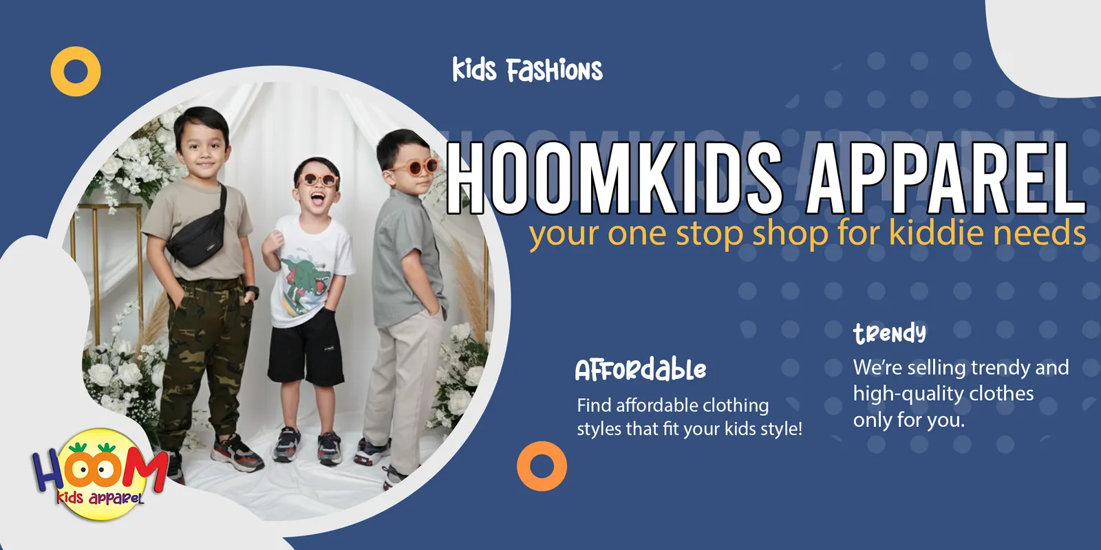 Tiga anak laki-laki memakai kaus dan celana kasual Hoomkids Apparel — "your one stop shop for kiddie needs"